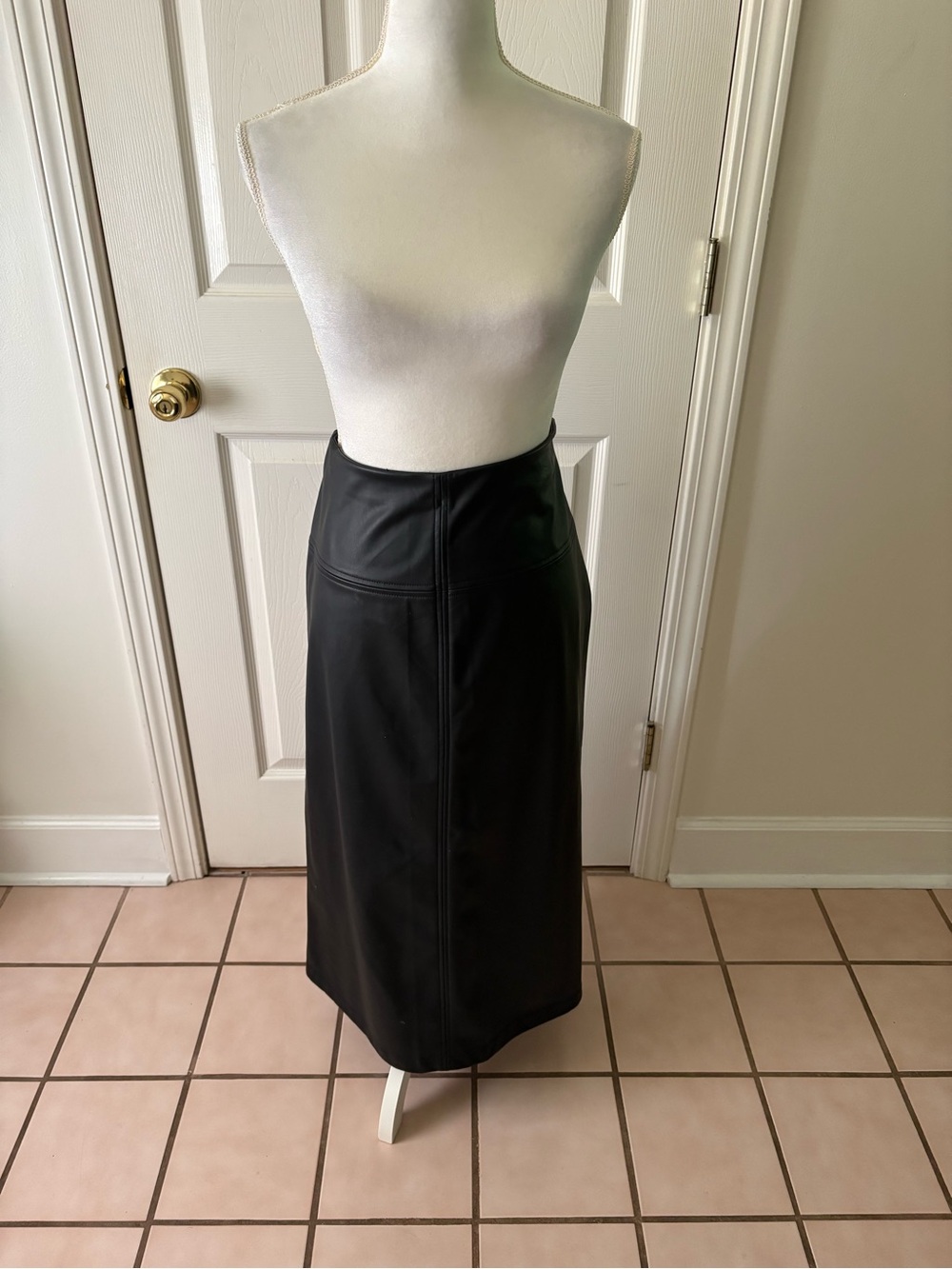 a new day Black Faux Leather Midi Skirt with Paneled Seams